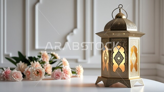تحفة وزينة للاحتفال برمضان المبارك، صورة مقربة لفانوس معدني تقليدي مضيء مع ورود، مناسبة وعيد اسلامي، الأجواء الدينية الروحانية الرمضانية، البهجة بقدوم شهر الخير