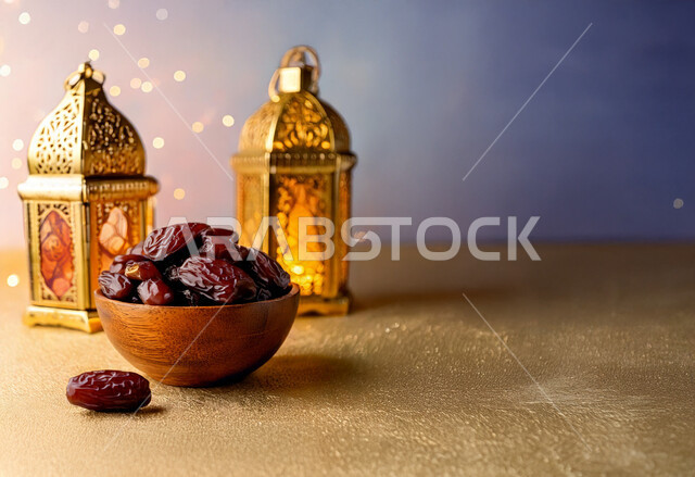 ضيافة رمضانية شهية، الأجواء الروحانية والاحتفال بالمناسبة والعيد الديني الاسلامي، افطار الصائم في رمضان المبارك, فانوسان معدنيان تقليديان مضيئان مع طبق من التمر, البهجة بقدوم شهر الخير، وجبة ذات قيمة غذائية عالية، منتج وطني محلي، خلفية زرقاء