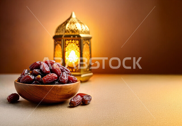 الأجواء الروحانية والاحتفال بالمناسبة والعيد الديني الاسلامي، افطار الصائم في رمضان المبارك, فانوس معدني تقليدي مضيء مع طبق من التمر, البهجة بقدوم شهر الخير، ضيافة رمضانية شهية، وجبة ذات قيمة غذائية عالية، منتج وطني محلي, خلفية بنية