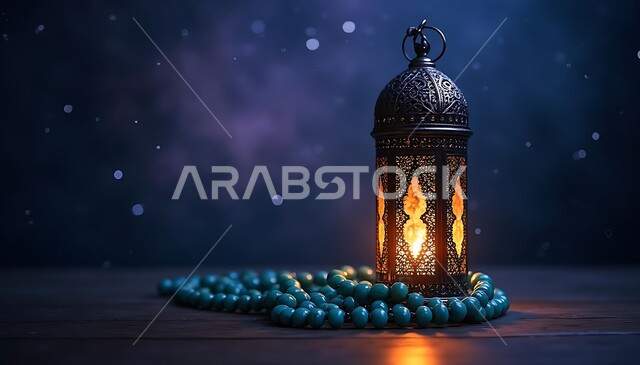 تحفة وزينة متميزة للاحتفال بقدوم شهر الخير، العبادة والتقرب الى الله في رمضان المبارك, الأجواء الروحانية الرمضانية، مناسبة وعيد ديني اسلامي، فانوس معدني تقليدي مضيء مع سبحة على طاولة خشبية, خلفية زرقاء