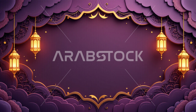 تحفة وزينة متميزة للاحتفال  في رمضان المبارك، البهجة بقدوم شهر الخير، الأجواء الروحانية الرمضانية، مناسبة وعيد ديني اسلامي، فوانيس معدنية تقليدية مضيئة معلقة مع نجوم, خلفية بنفسجية مزخرفة