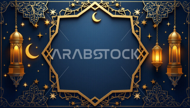 البهجة بقدوم شهر الخير، تحفة وزينة متميزة للاحتفال  في رمضان المبارك، الأجواء الروحانية الرمضانية، مناسبة وعيد ديني اسلامي، فوانيس معدنية تقليدية مضيئة معلقة مع هلال ونجوم, خلفية زرقاء مزخرفة