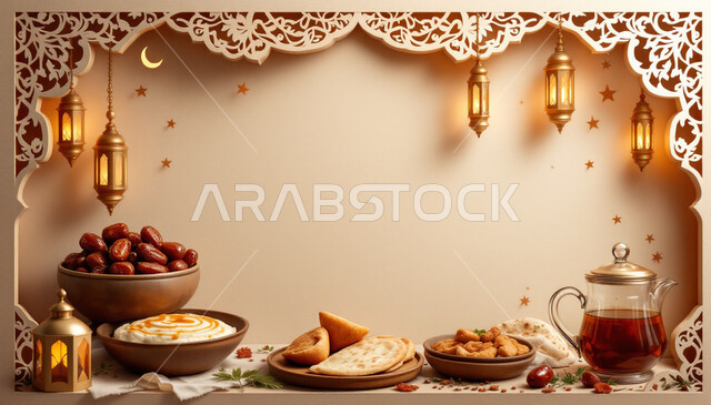 وجبة سحور بأصناف متنوعة، البهجة بقدوم شهر الخير، تحفة وزينة متميزة للاحتفال  في رمضان المبارك، الأجواء الروحانية الرمضانية، مناسبة وعيد ديني اسلامي، فوانيس معدنية تقليدية مضيئة معلقة مع هلال ونجوم, خلفية بيضاء