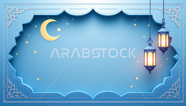 تحفة وزينة متميزة للاحتفال  في رمضان المبارك، البهجة بقدوم شهر الخير، الأجواء الروحانية الرمضانية، مناسبة وعيد ديني اسلامي، فانوسان معدنيان تقليديان مضيئان معلقان مع هلال ونجوم, خلفية زرقاء مزخرفة