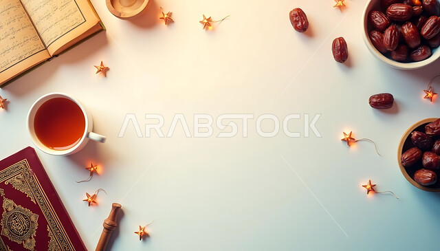 العبادة والتقرب الى الله، افطار الصائم في رمضان المبارك، مناسبة وعيد ديني اسلامي، الأجواء الروحانية الرمضانية، صورة من الاعلى لكوب من الشاي مع طبقان من التمر والمصحف الشريف, وجبة غذائية ذات قيمة عالية، منتج وطني محلي، خلفية بيضاء