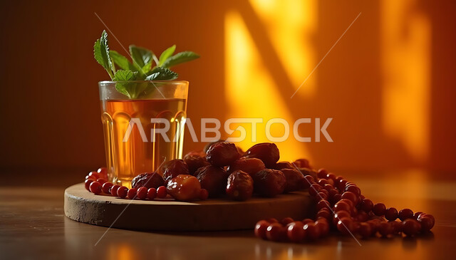 وجبة غذائية ذات قيمة عالية، العبادة والتقرب الى الله، افطار الصائم في رمضان المبارك، الأجواء الروحانية الرمضانية، مناسبة وعيد ديني اسلامي، صورة مقرب لكوب من الشاي مع طبق من التمر وسبحة, منتج وطني محلي، خلفية صفراء