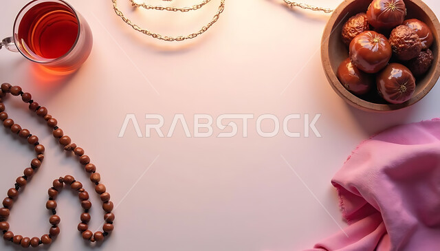 مناسبة وعيد ديني اسلامي، العبادة والتقرب الى الله، افطار الصائم في رمضان المبارك، الأجواء الروحانية الرمضانية، صورة من الاعلى لكوب من الشاي مع طبق من التمر وسبحة, وجبة غذائية ذات قيمة عالية، منتج وطني محلي، خلفية بيضاء