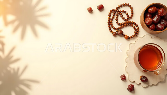 العبادة والتقرب الى الله، افطار الصائم في رمضان المبارك، الأجواء الروحانية الرمضانية، مناسبة وعيد ديني اسلامي، صورة من الاعلى لكوب من الشاي مع طبق من التمر وسبحة, وجبة غذائية ذات قيمة عالية، منتج وطني محلي، خلفية بيضاء