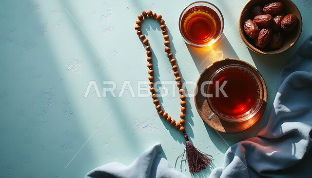 وجبة غذائية ذات قيمة عالية، العبادة والتقرب الى الله، افطار الصائم في رمضان المبارك، الأجواء الروحانية الرمضانية، مناسبة وعيد ديني اسلامي، صورة من الاعلى لكوب من الشاي مع طبق من التمر وسبحة, منتج وطني محلي، خلفية زرقاء