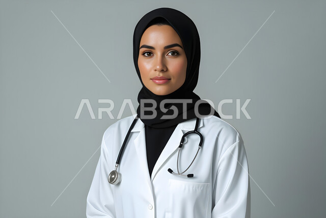 مفهوم الطب و الرعاية الصحية, العمل في المستشفى و المركز الطبي، تقديم العلاج و العناية في المشافي، بورتريه مقرب لطبيبة عربية خليجية سعودية محجبة مبتسمة ترتدي المعطف الأبيض و السماعة تنظر الى الكاميرا بإيماءات الثقة بالنفس, مهنة ووظيفة نسائية, خلفية بيضاء