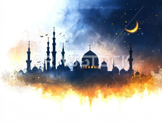 نداء المسلمين لأداء فريضة الصلاة، التصميم الاسلامي للمآذن والقبب، الهلال في السماء مع النجوم، مفهوم العباده والتقرب إلى الله، مسجد مضيء في المملكة العربية السعودية، أماكن دينية مقدسة على الطراز العصري الحديث