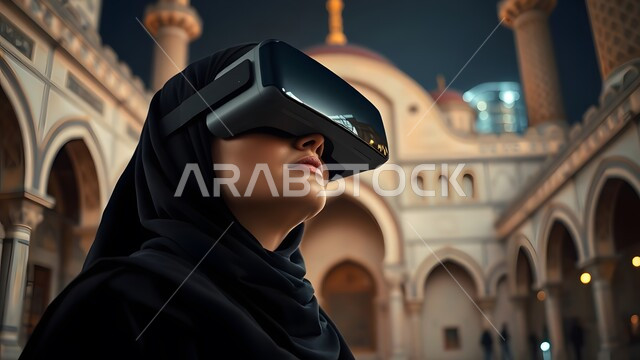 التفاعل والاندماج ومحاكاة العالم الخيالي, الاستمتاع  بتجربة الواقع الافتراضي, سيدة عربية خليجية سعودية ترتدي العباءة السوداء ونظارة في آر ثلاثية الأبعاد تقف وخلفها مسجد اسلامي مزخرف، النظر إلى شيء ما بتركيز, الترفيه والتسلية في وقت الفراغ