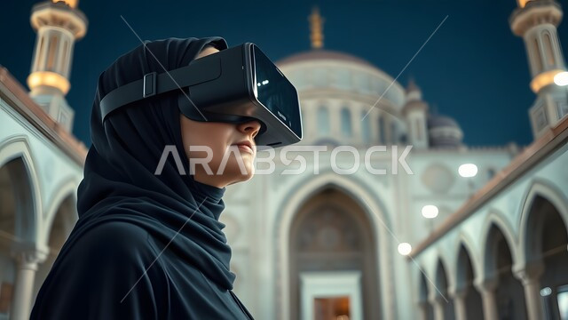 الاستمتاع  بتجربة الواقع الافتراضي, التفاعل والاندماج ومحاكاة العالم الخيالي, سيدة عربية خليجية سعودية ترتدي العباءة السوداء ونظارة في آر ثلاثية الأبعاد تقف وخلفها مسجد اسلامي مزخرف، النظر إلى شيء ما بتركيز, الترفيه والتسلية في وقت الفراغ