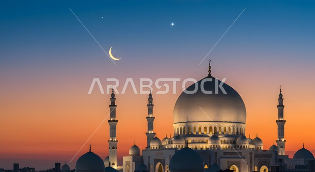 دعوة المسلمين للصلاة والعبادة والتقرب الى الله، مجسم ثلاثي الأبعاد لمسجد عريق، الفن الهندسي المعماري للقبب والمآذن المضيئة وقت غروب الشمس، مساجد بديكورات حديثة وفاخرة