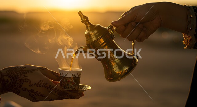 كرم الضيافة وحسن الاستقبال في المملكة العربية السعودية, التمسك بالقيم الكريمة المتوارثة من الأجداد، أصالة العادات والتقاليد الأصيلة, الاستمتاع بالمشروبات الساخنة, منتج محلي وطني، صورة مقربة ليد رجل عربي خليجي سعودي يقوم بصب القهوة من الدلة النحاسية