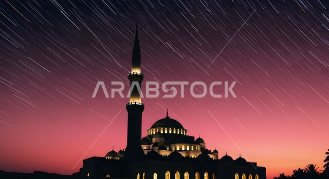 مساجد بديكورات حديثة وفاخرة، دعوة المسلمين للصلاة والعبادة والتقرب الى الله،  صورة ظلية لمجسم ثلاثي الأبعاد لمسجد عريق وقت هطول المطر، الفن الهندسي المعماري للقبب والمآذن المضيئة، سالوليت