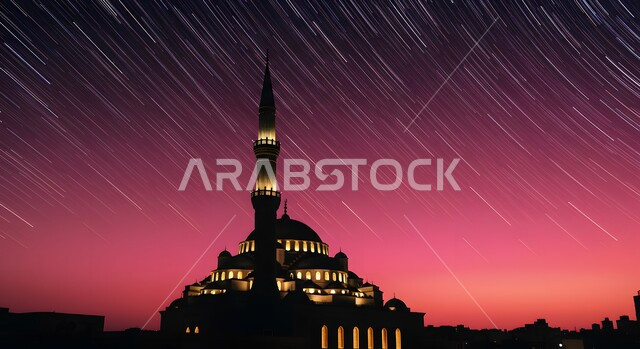 دعوة المسلمين للصلاة والعبادة والتقرب الى الله،  صورة ظلية لمجسم ثلاثي الأبعاد لمسجد عريق وقت هطول المطر، الفن الهندسي المعماري للقبب والمآذن المضيئة، مساجد بديكورات حديثة وفاخرة، سالوليت