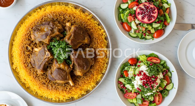ولائم وأطباق عربية تقليدية شعبية، صورة علوية عامودية لطبق من أرز الكبسة مع قطع اللحم مع المقبلات، وصفات المأكولات والوجبات الشرقية الشهية، مطابخ ومطاعم سعودية، صحن من البرياني الشهير، مهارة إعداد وصفة المندي الخليجي المشهورة بالتوابل الغنية بالنكهات
