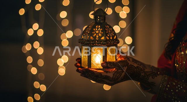  الاستعداد والتجهز لاستقبال شهر رمضان المبارك, الاحتفال بقدوم شهر الخير, صورة مقربة ليد مزخرفة بالحنة لامراة عربية خليجية سعودية تحمل فانوس معدني مزخرف مضيء، زينة وأنوار الأعياد والمناسبات الدينية الاسلامية