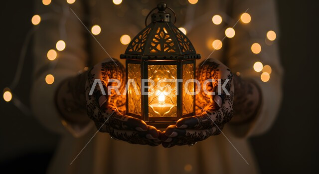 زينة وأنوار الأعياد والمناسبات الدينية الاسلامية, الاستعداد والتجهز لاستقبال شهر رمضان المبارك, الاحتفال بقدوم شهر الخير, صورة مقربة ليد مزخرفة بالحنة لامراة عربية خليجية سعودية تحمل فانوس معدني مزخرف مضيء