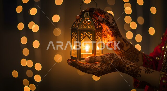 الاحتفال بقدوم شهر الخير، الاستعداد والتجهز لاستقبال شهر رمضان المبارك، صورة مقربة ليد مزخرفة بالحنة لامراة عربية خليجية سعودية تحمل فانوس معدني مزخرف مضيء، زينة وأنوار الأعياد والمناسبات الدينية الاسلامية