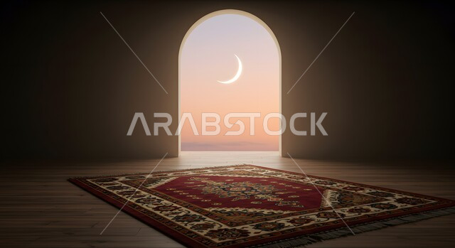  مفهوم العبادة والتقرب الى الله تعالى, أداء فريضة الصلاه، أجواء اسلاميه روحانيه في شهر رمضان، صورة مقربة لسجاده مزخرفة ممدودة أمام نافذة في غرفه مطلة على السماء وقت غروب الشمس