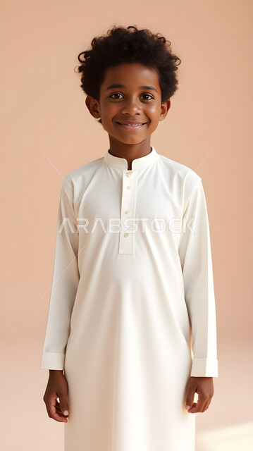 الشعور بالفرح والسرور، التقاط الصور الشخصية، مفهوم الأناقة والاهتمام بالمظهر الخارجي، بورتريه لولد عربي خليجي سعودي مبتسم يرتدي الثوب التقليدي يقف باستقامة ينظر الى الكاميرا بإيماءات الثقة بالنفس، خلفية وردية