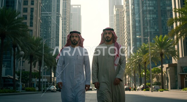 ايماءات السرور والسعادة برؤية الأصدقاء, محادثة ودردشة مع الأصحاب,  التعارف وبناء علاقات اجتماعية, اجراء محادثات عمل ناجحة في الخارج, رجلان عربيان اماراتيان خليجيان يرتديان الكندورة والشماغ يقومان بالسير مع بعضهم, خلفية الابراج وناطحات السحاب