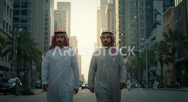 دردشة ومحادثة مع الأصحاب, ايماءات السرور والسعادة برؤية الأصدقاء,  التعارف وبناء علاقات اجتماعية, اجراء محادثات عمل ناجحة في الخارج, رجلان عربيان اماراتيان خليجيان يرتديان الكندورة والشماغ يقومان بالسير مع بعضهم, خلفية الابراج وناطحات السحاب