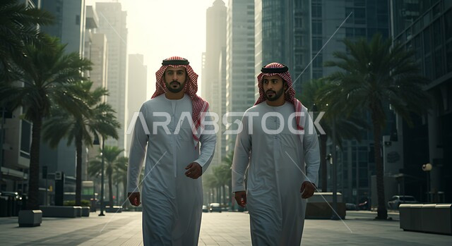 ايماءات السرور والسعادة برؤية الأصدقاء, محادثة ودردشة مع الأصحاب,  التعارف وبناء علاقات اجتماعية, اجراء محادثات عمل ناجحة في الخارج, رجلان عربيان اماراتيان خليجيان يرتديان الكندورة والشماغ يقومان بالسير مع بعضهم, خلفية الابراج وناطحات السحاب