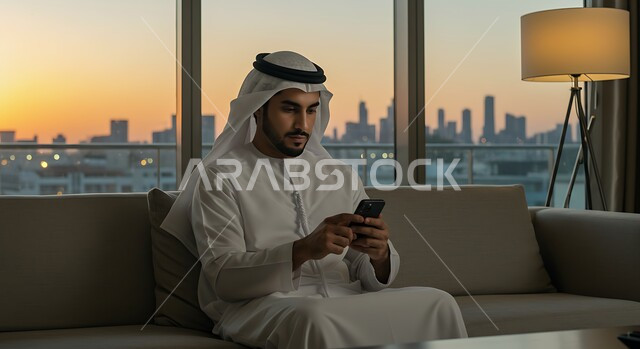 دمج التقنيات الحديثة والأجهزة المتطورة في العمل، رجل عربي خليجي اماراتي  يرتدي الكندورة ويضع الغترة يجلس في مكتبه وقت الغروب و يقوم باستخدام الهاتف المحمول، الدردشة والتواصل مع الأهل والأصدقاء والاقارب، خلفية الابراج وناطحات السحاب