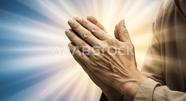 الإجتهاد في العبادة والحفاظ على الذكر، صورة مقربة لإيدي رجل عربي سعودي خليجي يرفع يديه ويدعو الله، إيماءات يدين تدل على التوسل والتضرع, الطاعة والتقرب الى الله في شهر رمضان المبارك