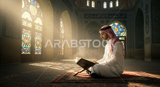 تلاوة وقراءة القرآن الكريم، التوبة والرجوع الى الله تعالى، رجل عربي سعودي خليجي يرتدي الشماغ والثوب التقليدي يضع امامه المصحف الشريف, الشعور بالخشوع والطمأنينه, الإكثار من الذكر والإجتهاد في العباده في شهر رمضان