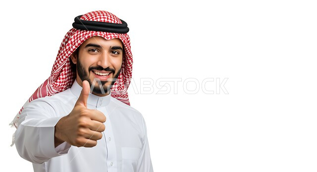الأناقة والاهتمام بالمظهر الخارجي، بورتريه مقرب لرجل عربي خليجي سعودي يرتدي الثوب التقليدي والشماغ ينظر الى الكاميرا ويرفع إصبع الإبهام للأعلى بإيماءات الإعجاب والرضا، تعابير القبول والفرح والسرور، علامة الجودة والامتياز، خلفية بيضاء