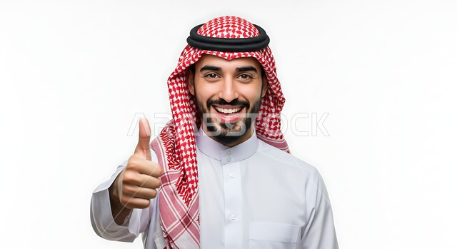 Concern for elegance and appearance, close-up portrait of a Saudi Arabian Gulf man wearing traditional thobe and shemagh looking at the camera and raising his thumb up with gestures of admiration and satisfaction, expressions of acceptance, joy and pleasure, mark of quality and excellence, white background
