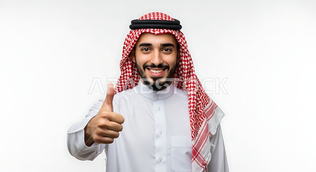 تعابير القبول والفرح والسرور، علامة الجودة والامتياز، الأناقة والاهتمام بالمظهر الخارجي، بورتريه مقرب لرجل عربي خليجي سعودي يرتدي الثوب التقليدي والشماغ ينظر الى الكاميرا ويرفع إصبع الإبهام للأعلى بإيماءات الإعجاب والرضا،  خلفية بيضاء