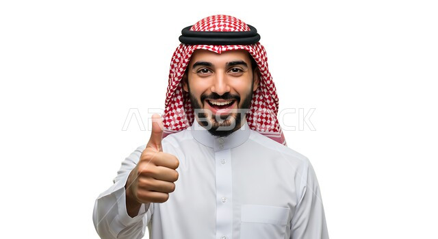 الأناقة والاهتمام بالمظهر الخارجي، بورتريه مقرب لرجل عربي خليجي سعودي يرتدي الثوب التقليدي والشماغ ينظر الى الكاميرا ويرفع إصبع الإبهام للأعلى بإيماءات الإعجاب والرضا، تعابير القبول والفرح والسرور، علامة الجودة والامتياز، خلفية بيضاء