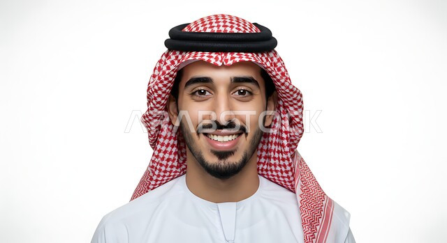 مفهوم الاناقة والرجولة، تعابير البشاشة والسرور، النظر إلى الكاميرا بايماءات الفرح والسعادة، الإهتمام بالمظهر الخارجي، بورتريه مقرب لرجل عربي خليجي سعودي يرتدي الثوب التقليدي والشماغ يقف باستقامة، خلفية بيضاء