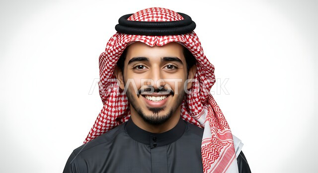 مفهوم الاناقة والرجولة، تعابير البشاشة والسرور، النظر إلى الكاميرا بايماءات الفرح والسعادة، الإهتمام بالمظهر الخارجي، بورتريه مقرب لرجل عربي خليجي سعودي يرتدي الثوب التقليدي والشماغ يقف باستقامة، خلفية بيضاء