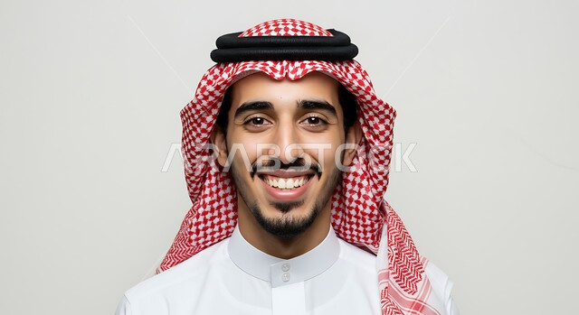 مفهوم الاناقة والرجولة، تعابير البشاشة والسرور، النظر إلى الكاميرا بايماءات الفرح والسعادة، الإهتمام بالمظهر الخارجي، بورتريه مقرب لرجل عربي خليجي سعودي يرتدي الثوب التقليدي والشماغ يقف باستقامة، خلفية بيضاء