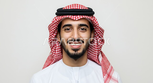 مفهوم الاناقة والرجولة، تعابير البشاشة والسرور، النظر إلى الكاميرا بايماءات الفرح والسعادة، الإهتمام بالمظهر الخارجي، بورتريه مقرب لرجل عربي خليجي سعودي يرتدي الثوب التقليدي والشماغ يقف باستقامة، خلفية بيضاء