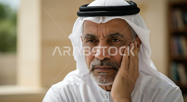 Caring about one's appearance, the concept of elegance, chicness and masculinity, a close-up image of an elderly Arab Gulf Emirati man wearing a kandura and a ghutra, putting his hand on his cheek and looking somewhere with gestures of thought and absent-mindedness