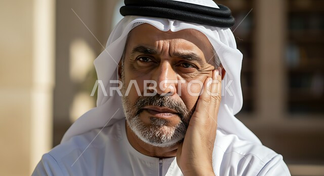 Caring about one's appearance, the concept of elegance, chicness and masculinity, a close-up image of an elderly Arab Gulf Emirati man wearing a kandura and a ghutra, putting his hand on his cheek and looking somewhere with gestures of thought and absent-mindedness