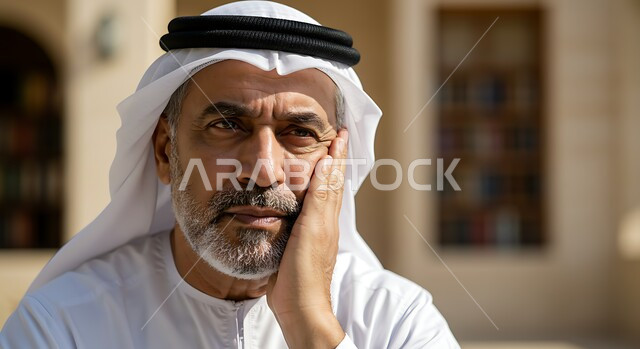 الاهتمام بالمظهر الخارجي، مفهوم الأناقه و الشياكة والرجولة، صورة مقربة لرجل عربي خليجي اماراتي كبير بالسن يرتدي الكندورة والغترة يضع يده على خده وينظر الى مكان ما بايماءات التفكير وشرود الذهن