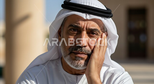 The concept of elegance, chic and masculinity, interest in outward appearance, a close-up photo of an elderly Arab Gulf Emirati man wearing a kandura and a ghutra, putting his hand on his cheek and looking at the camera with gestures of thought and absent-mindedness