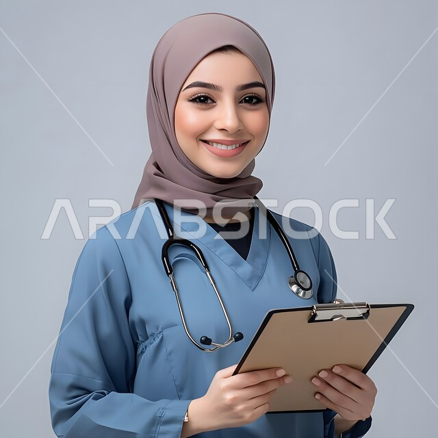 تقديم الخدمات والاستشارات الطبية للمراجعين، بورتريه لطبيبة عربية خليجية سعودية ترتدي اليونيفورم تنظر الى الكاميرا بايماءات السرور وتحمل بيدها دفتر تدوين المعلومات العامة عن حالة المريض، مهن ووظائف نسائية، دراسة و مراجعة حالات المرضى، خلفيه رمادية