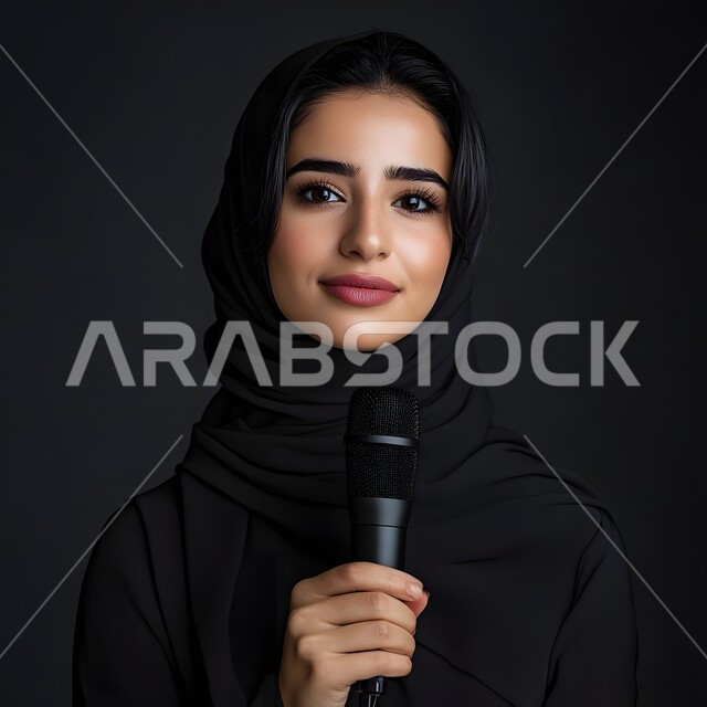 تقديم الأفكار ومناقشتها، تبادل الحوارات والتواصل الفعال، بورتريه مقرب لسيدة عربية خليجية سعودية  ترتدي العباءة والحجاب وتحمل بيدها المايكروفون تقوم بإلقاء الخطابات، إجراء المقابلات وطرح الأسئلة، خلفية سوداء