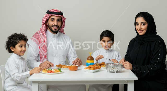 أجواء دينية رمضانية، إيماءات السعادة بقدوم شهر الخير، اجتماع الأسرة حول مائدة الطعام، أداء فريضة الصيام، الاحتفال بالاعياد والمناسبات الاسلامية، بورتريه لعائله عربيه خليجيه سعوديه تجلس على سفرة افطار مليئة باصناف من المأكولات الشهية، جلوس عائلي على فطور رمضان، خلفية بيضاء