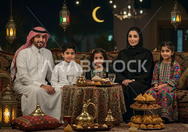 اجتماع الأسرة حول مائدة الطعام، أداء فريضة الصيام، إيماءات السعادة و السرور بقدوم شهر الخير، الاحتفال بالاعياد و المناسبات الاسلامية، عائله عربيه خليجيه سعوديه تجلس على سفرة افطار مليئة باصناف من المأكولات الشهية، أجواء دينية رمضانية، جلوس عائلي على فطور رمضان