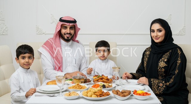 إيماءات السعادة بقدوم شهر الخير، اجتماع الأسرة حول مائدة الطعام، أداء فريضة الصيام، الاحتفال بالاعياد والمناسبات الاسلامية، بورتريه لعائله عربيه خليجيه سعوديه تجلس على سفرة افطار مليئة باصناف من المأكولات الشهية، أجواء دينية رمضانية،  جلوس عائلي على فطور رمضان، خلفية بيضاء